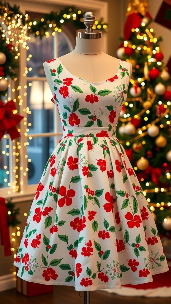 A vintage 1950s Christmas dress with a full skirt and festive patterns, displayed in a holiday-themed setting.